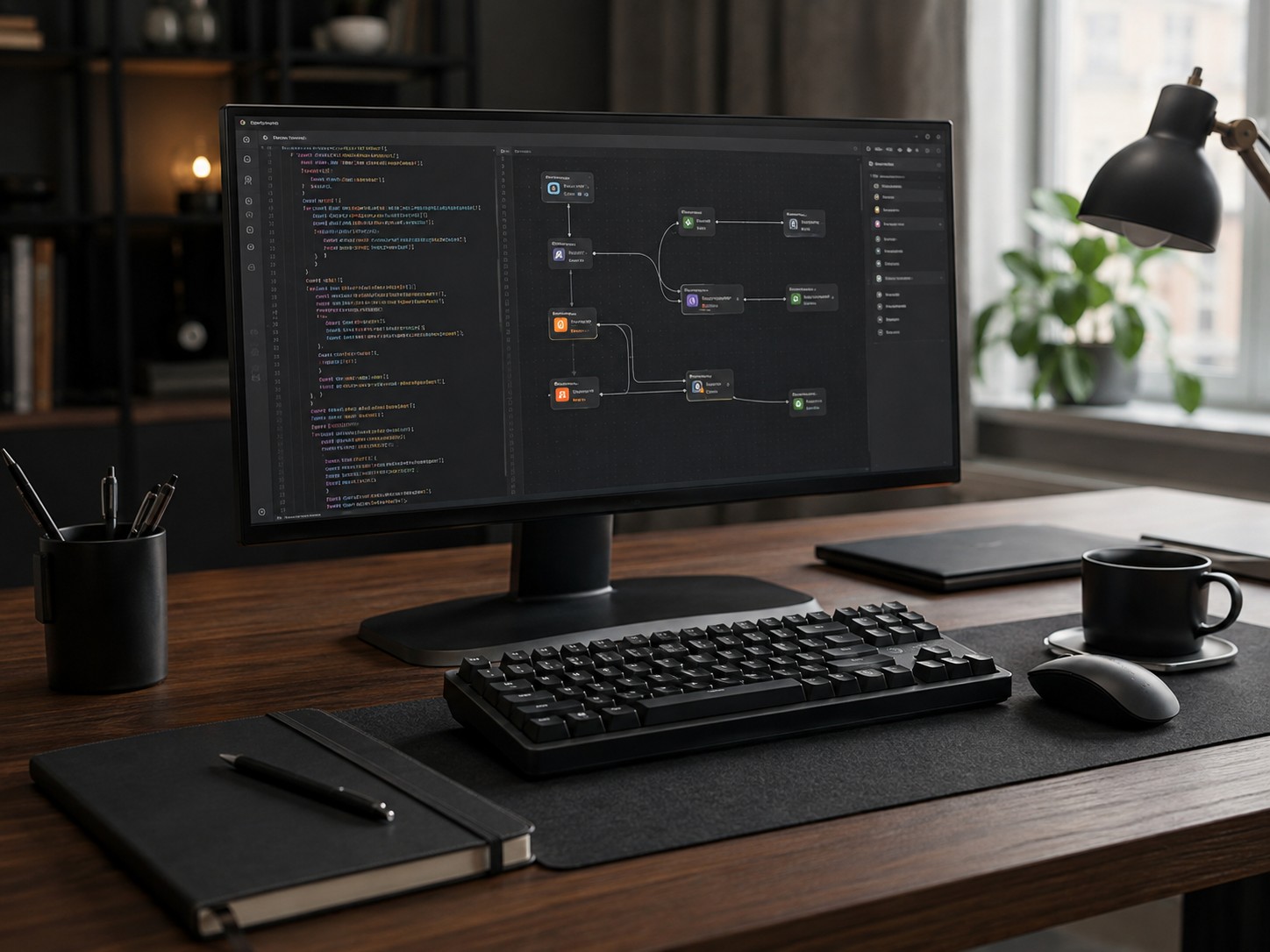 A dark-themed developer workspace: a monitor showing a code editor beside an automation workflow diagram, a mechanical keyboard, a closed notebook and a cup of coffee on a wood desk.